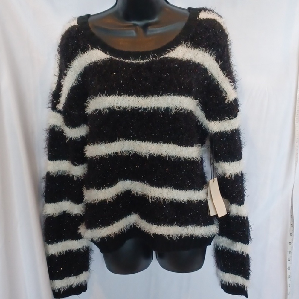 David Kahn black shiny pearl stripe drop shoulder scoop neck Sweater